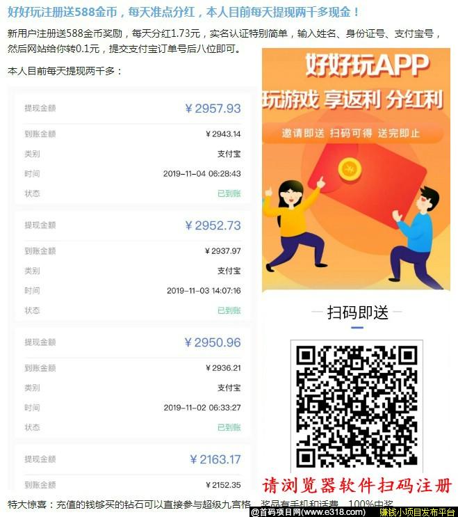 好好玩APP，牛玩模式，持币**，注册奖励588金币每天**2元，目前每天提现两千多元