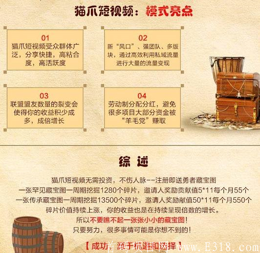 【猫爪短视频APP】集碎片化娱乐,,创业为一体,注册实名免费送勇者藏宝图,月产12个碎片,星级达人,团队化推广