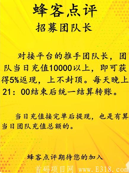 蜂客首码招募团队长！抢单模式！扶持最高！