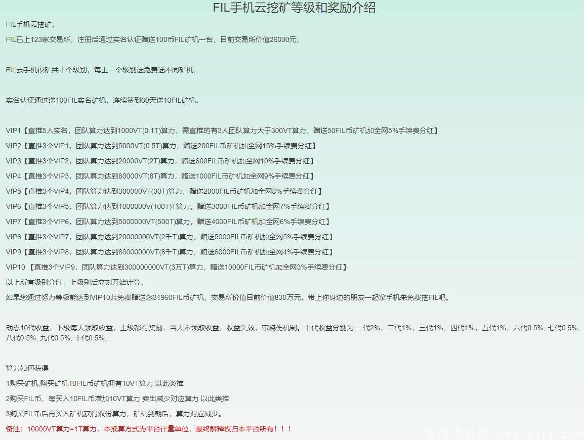 【FIL手机云】实名送100FILkuang机，签到再送10，总价3万元，一币277元，各大交易所可查，10代长链收益，等级团补+分红制