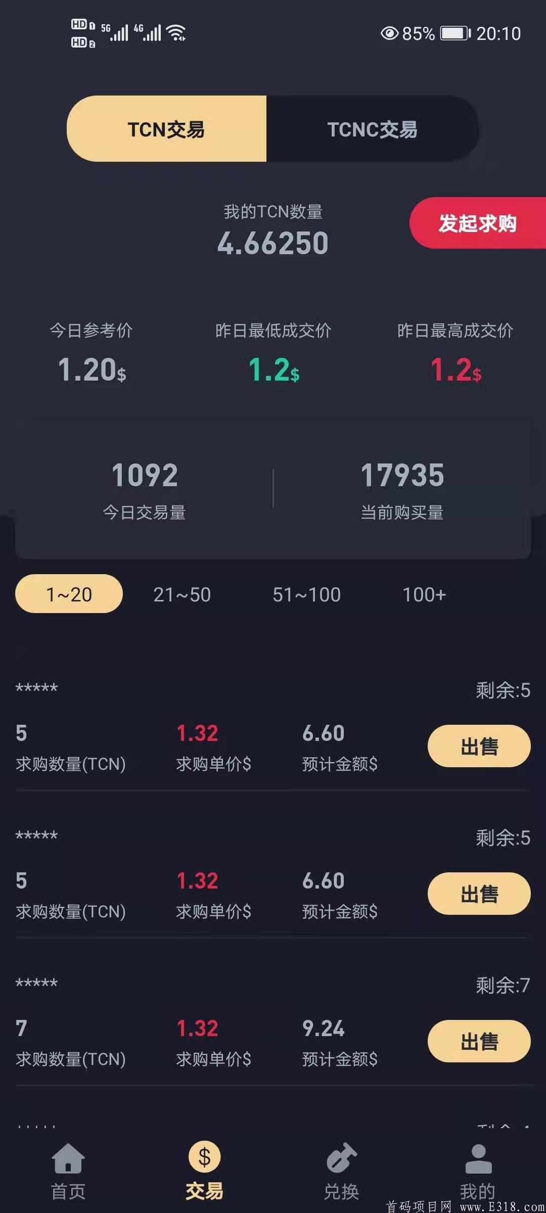 珠宝生态TCN，双币模式，注册送一台永久kuang机，今日子币价1.2美金，母币4.4美金，交易无限制，1币起卖。