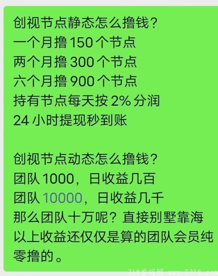 跨年项目《创视节点》稳定收入,每天零撸5米,节点1:1 提现秒到 跨年项目《创视节点》稳定收入,每天零撸5米,节点1:1 提现秒到