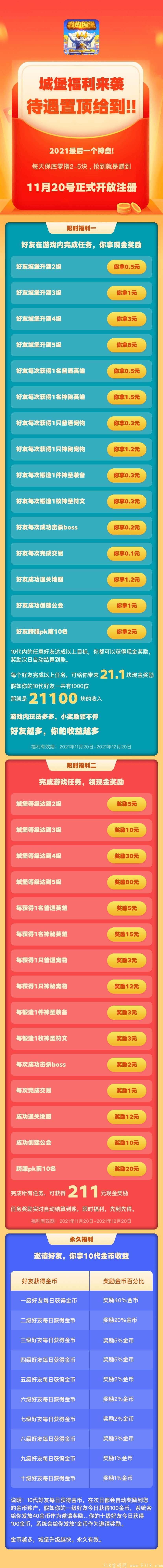 零撸神盘我的城堡，12月1号上线 推广十代收益，**100+/天