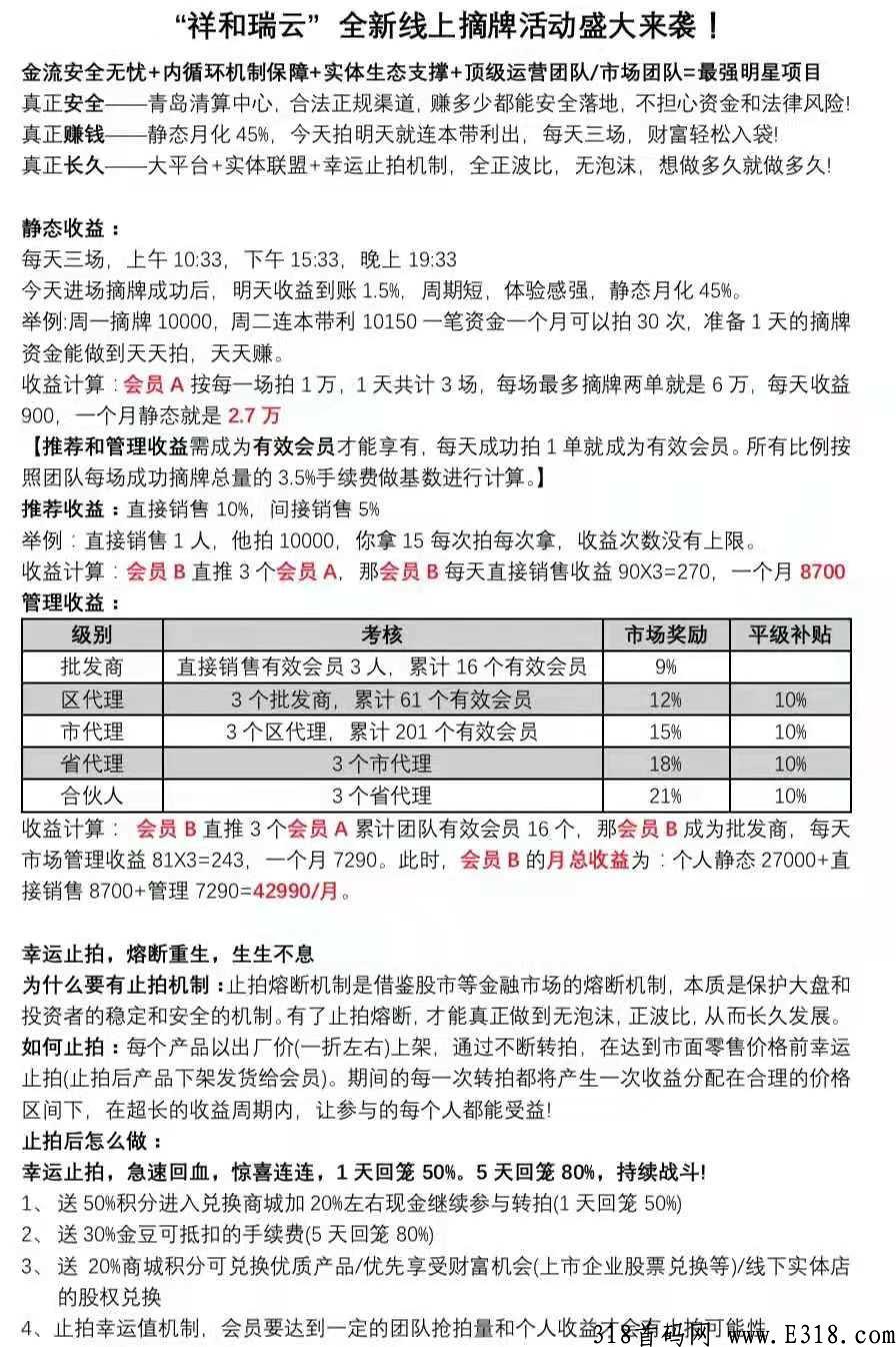祥和瑞云市场部对接，即将杨帆启航，现在内排预热中，全网最高政策扶持