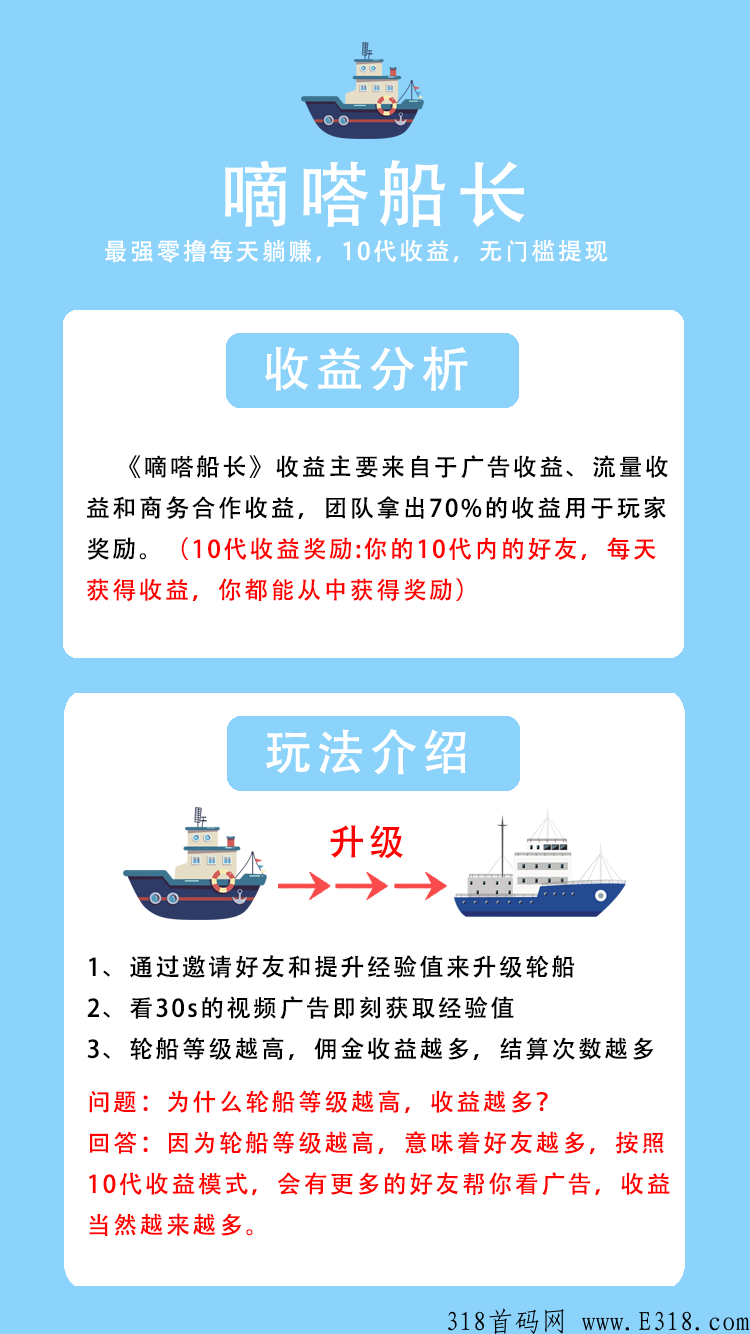嘀嗒船长，0投资静态，看广告获得的收益