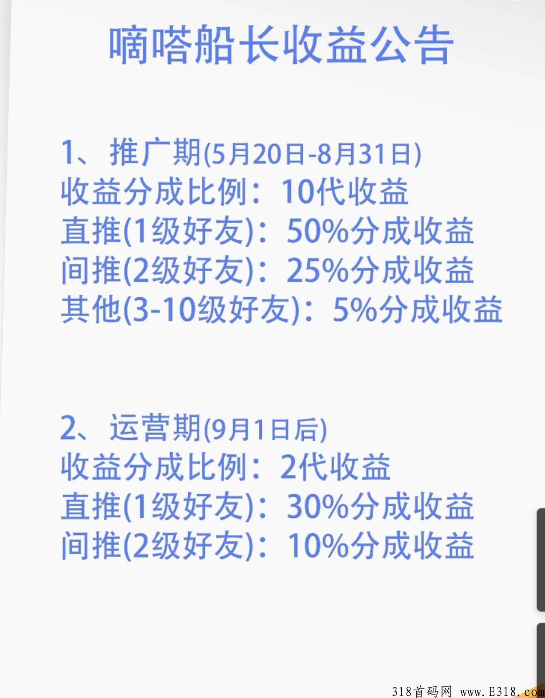 首码滴答船长，奖励丰富，收益有保障