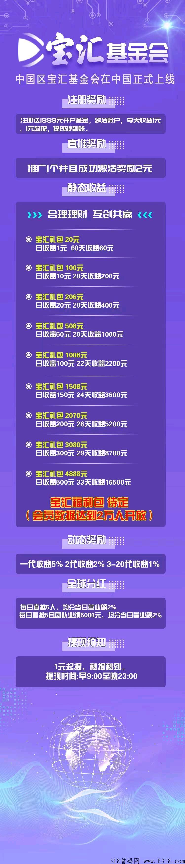 首码刚出【宝汇分奖励】注册送奖励，托管收益，拉新收益高！