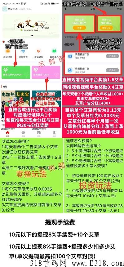 优艾生态，双分奖励模式，每天2个广告送6个艾草，提现门槛低