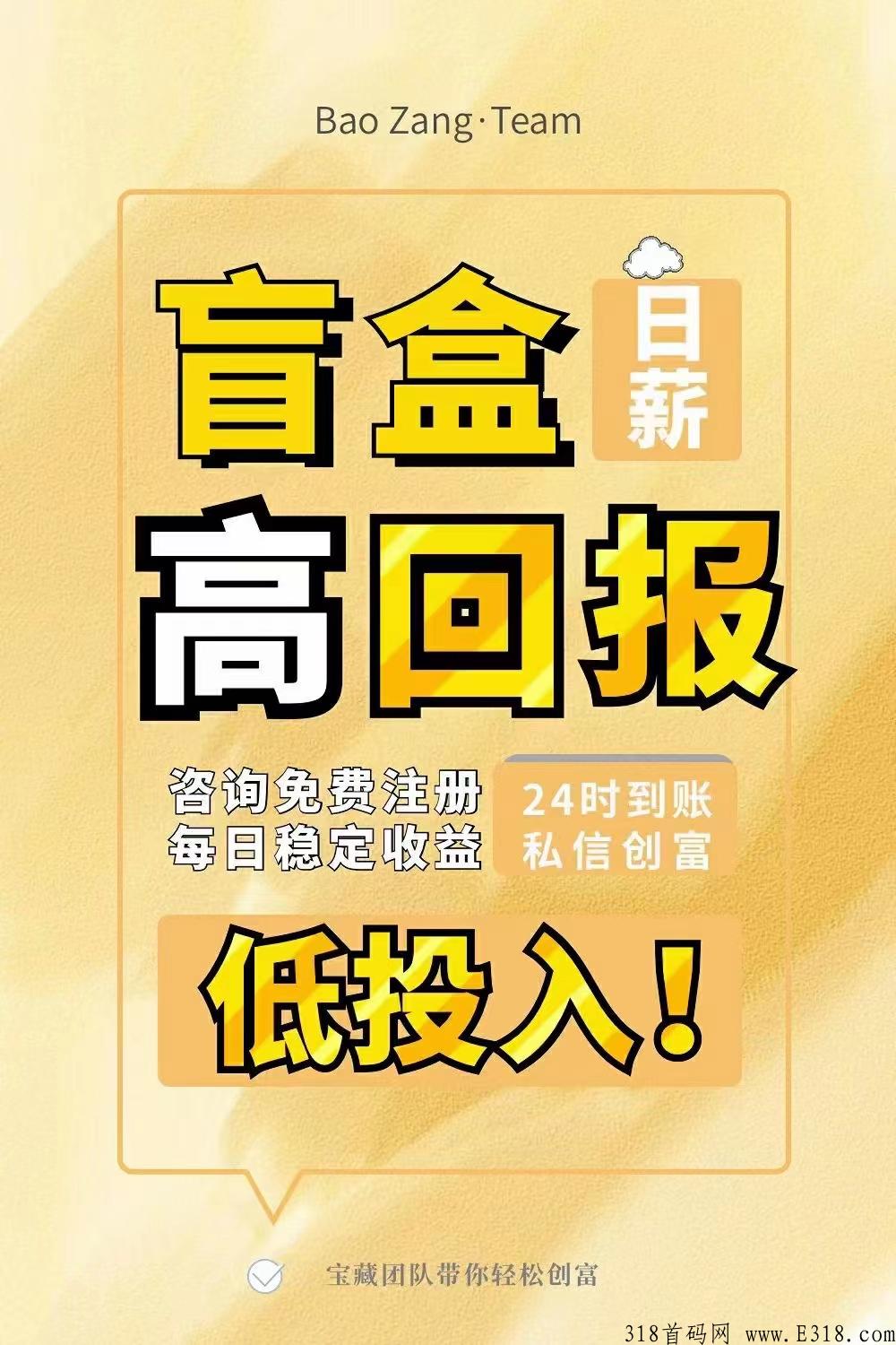 宝藏盲盒副业首推，低成本高收益，加入必赚，团队不收取一分钱，全部收益都归你