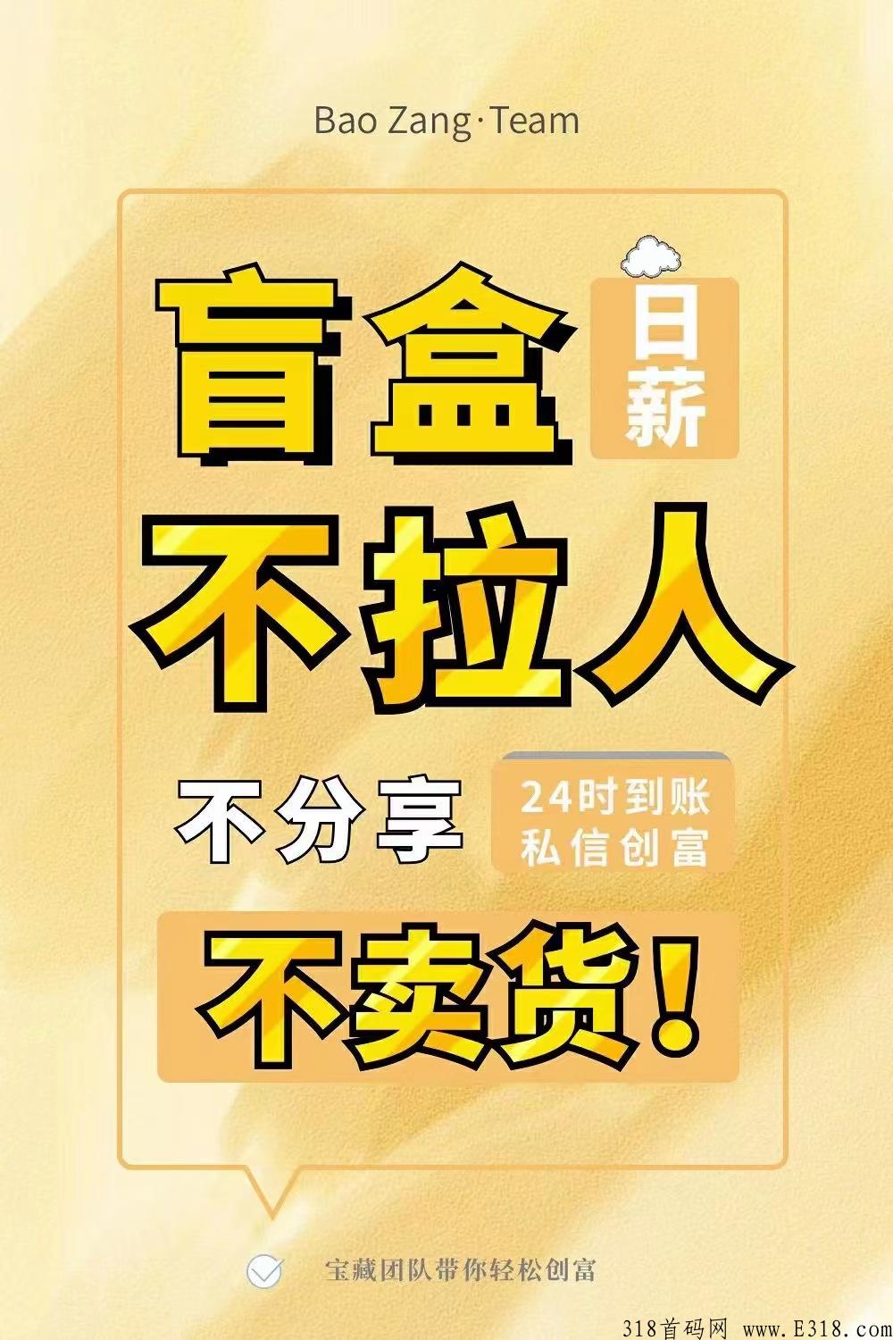 宝藏盲盒副业首推，低成本高收益，加入必赚，团队不收取一分钱，全部收益都归你