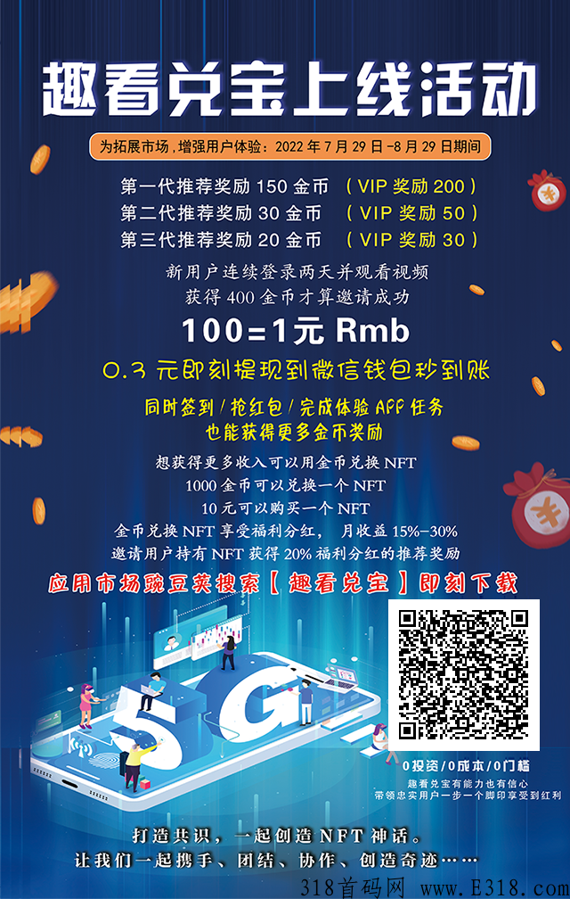 趣看兑宝，邀请一个人获得金币，金币可以兑换NFT，每天都有奖励