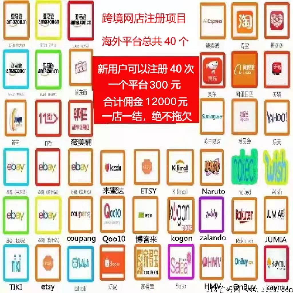 跨境电商店铺注册，一个平台300佣金，每人可做40个