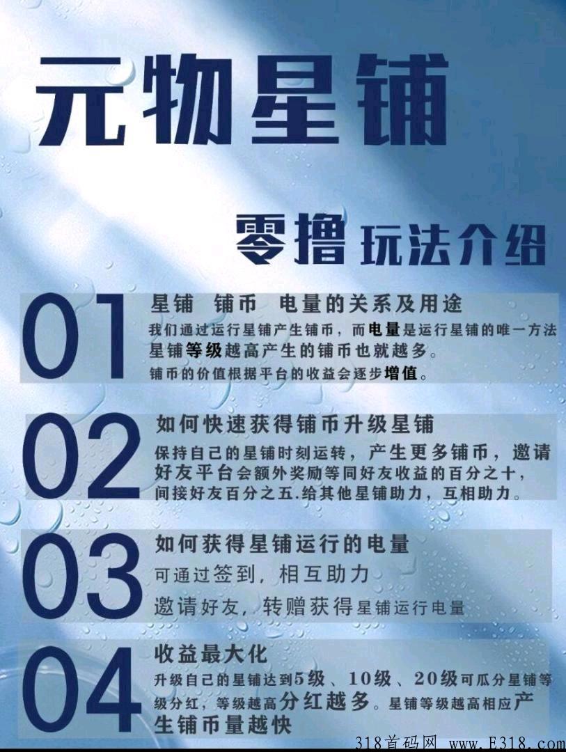 首码，元物星铺，长期项目，无泡沫