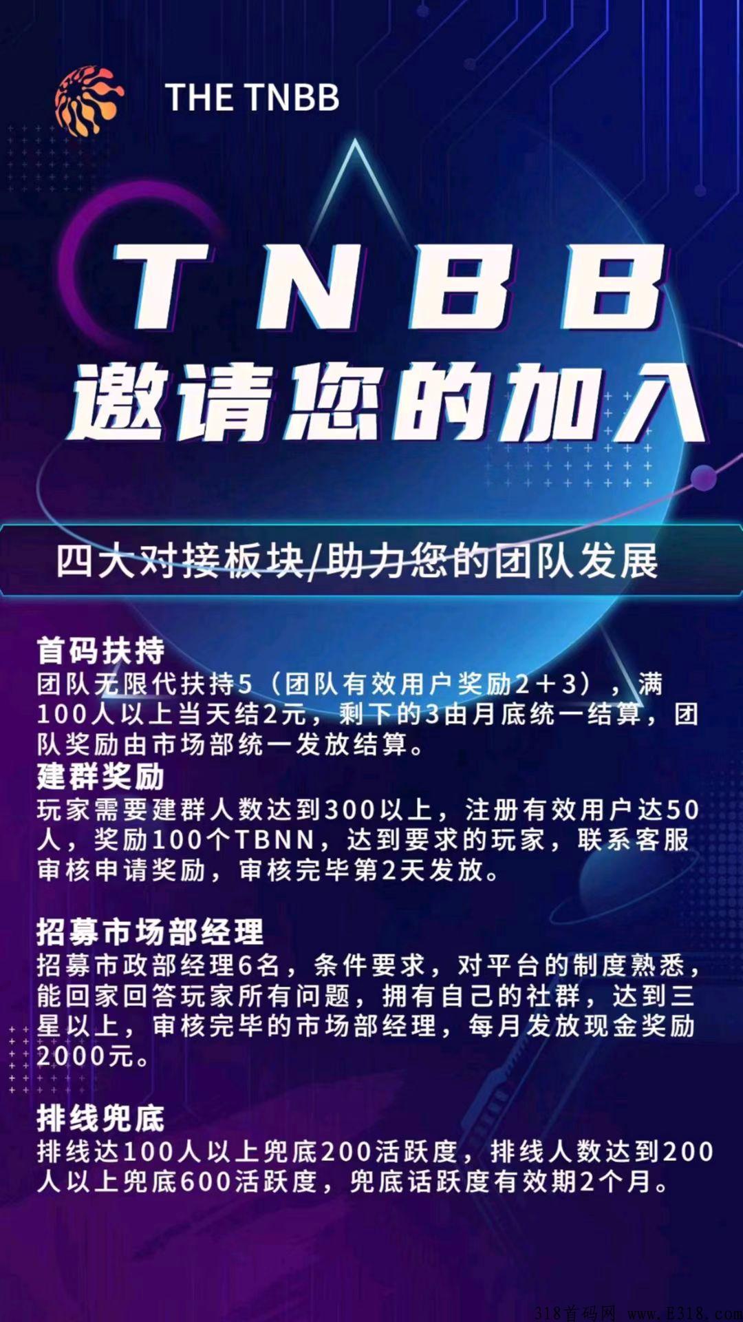 全球首发TNBB横空出世，招募市场部经理，每天单边上涨0.1CNY，w限代5扶持，抓住机会跑马圈地