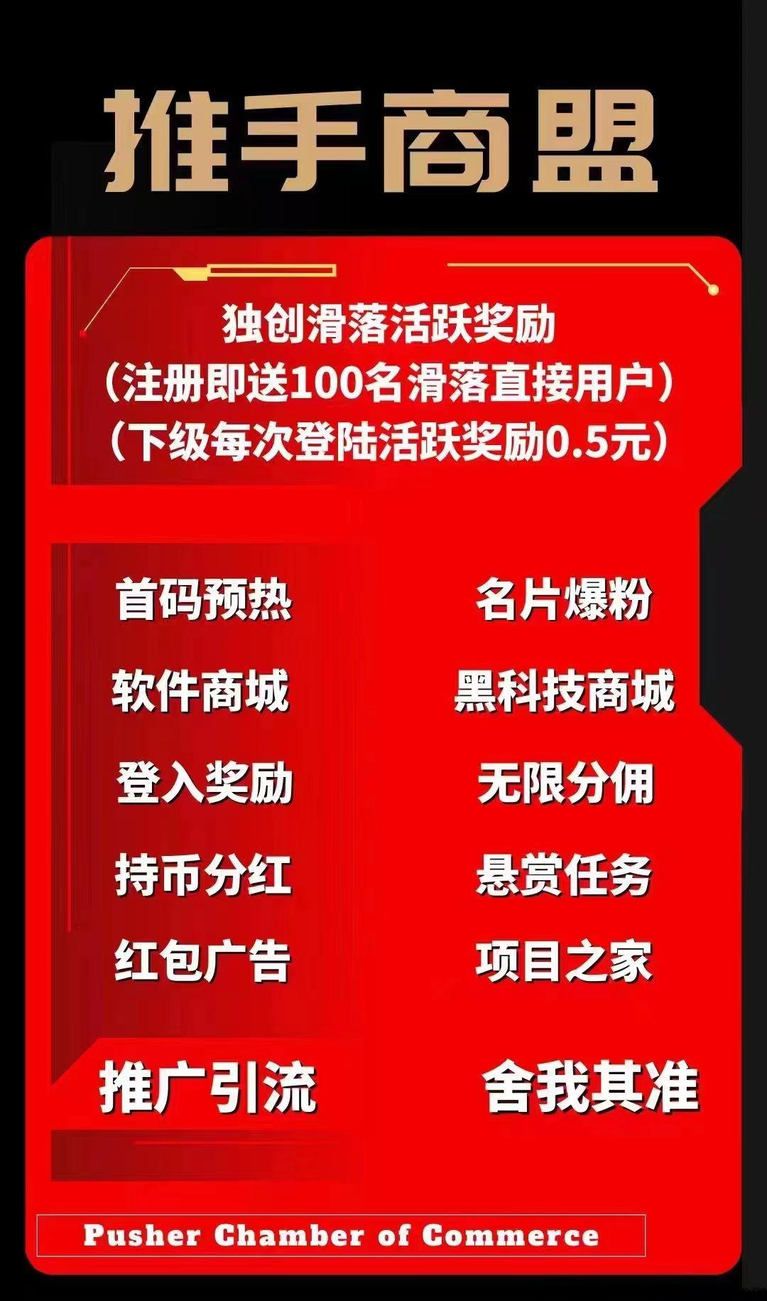 推手商盟，全网对接团队长，自动滑落，注册即随机赠送直推