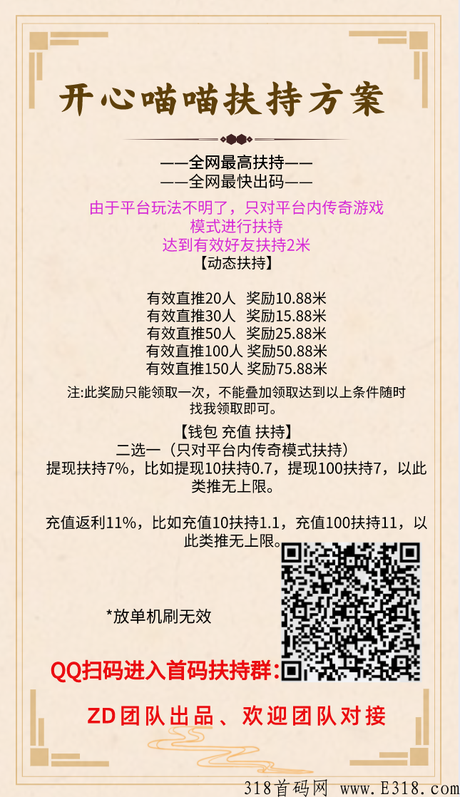 开心喵喵，今日全网首发，扶持方案已出，全网最高
