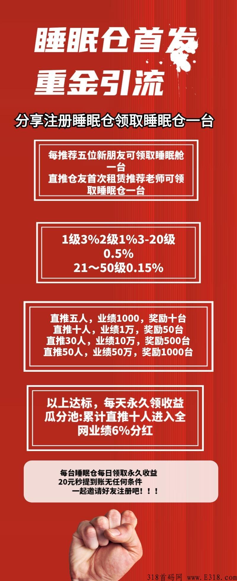 睡眠仓火爆上线中，注册就送永久仓，团队业绩上去日赚w