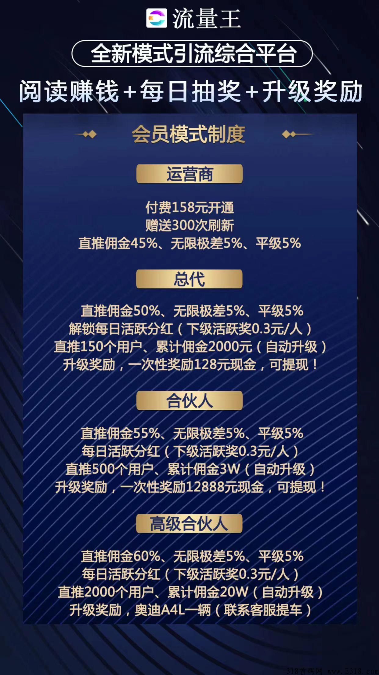 流量王，首码广告平台，免单扶持送级别。
