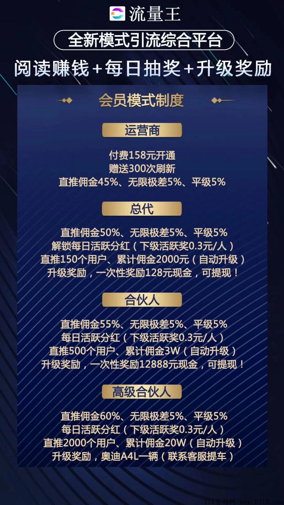 首码【流量王】全网首创，广告流量信息平台，无限极差佣金制度，活跃分h+阅读赚钱+每日抽奖+拉新奖励+升级奖励