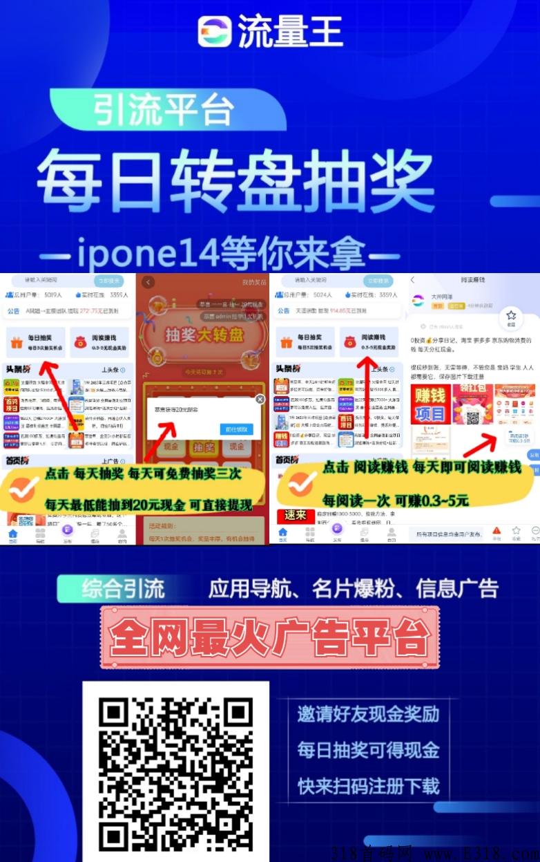 流量王，首码广告平台，免单扶持送级别。