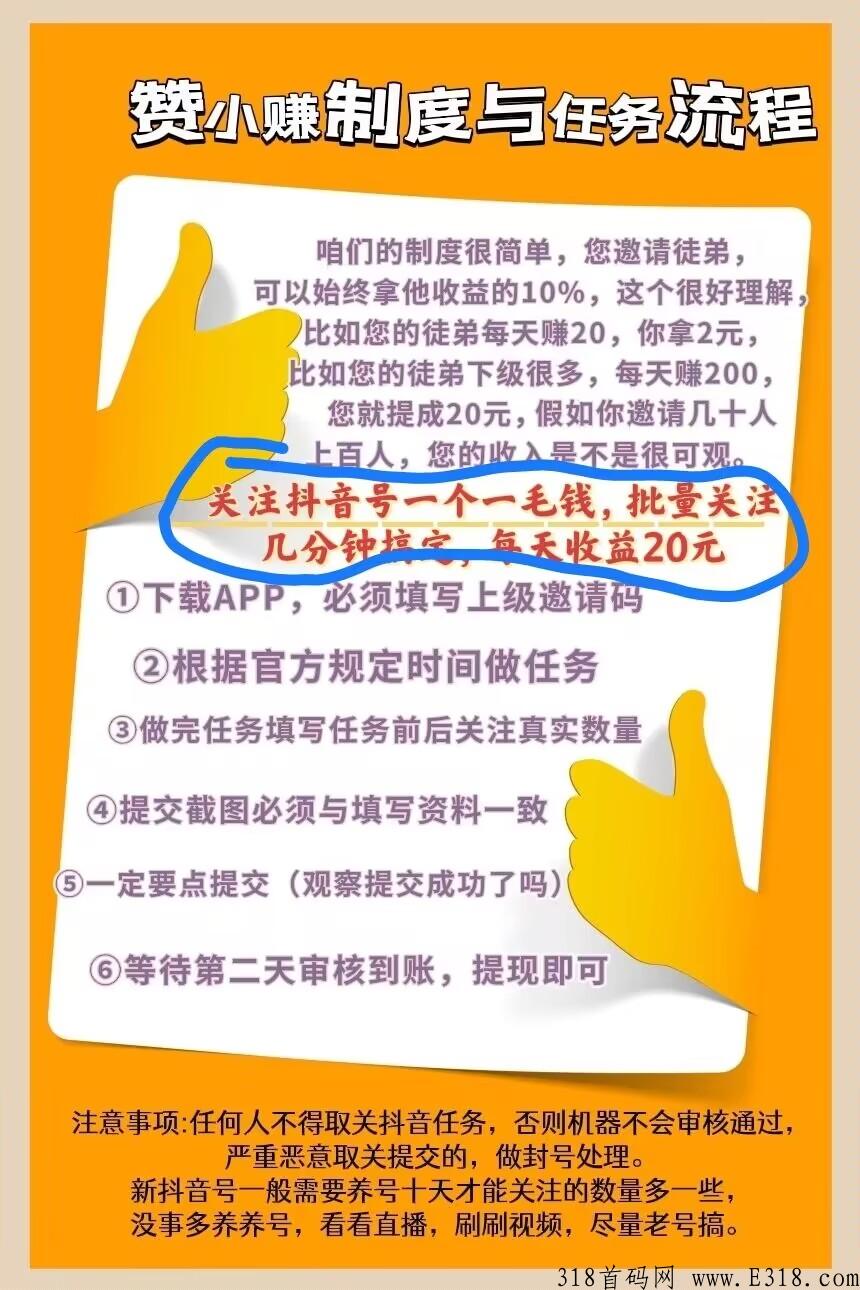 赞小赚，d音关注一毛一个，给力