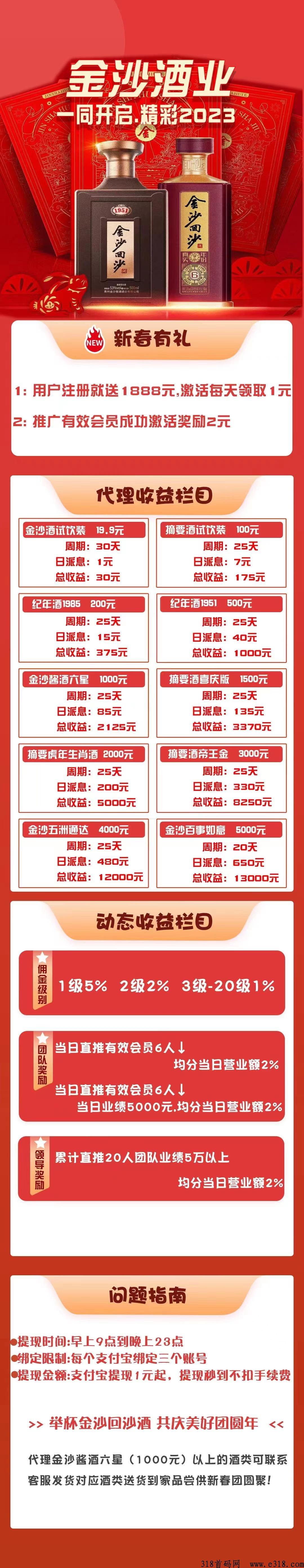 首码刚出《金沙酒业》可撸，注册1888，分h收益，秒提