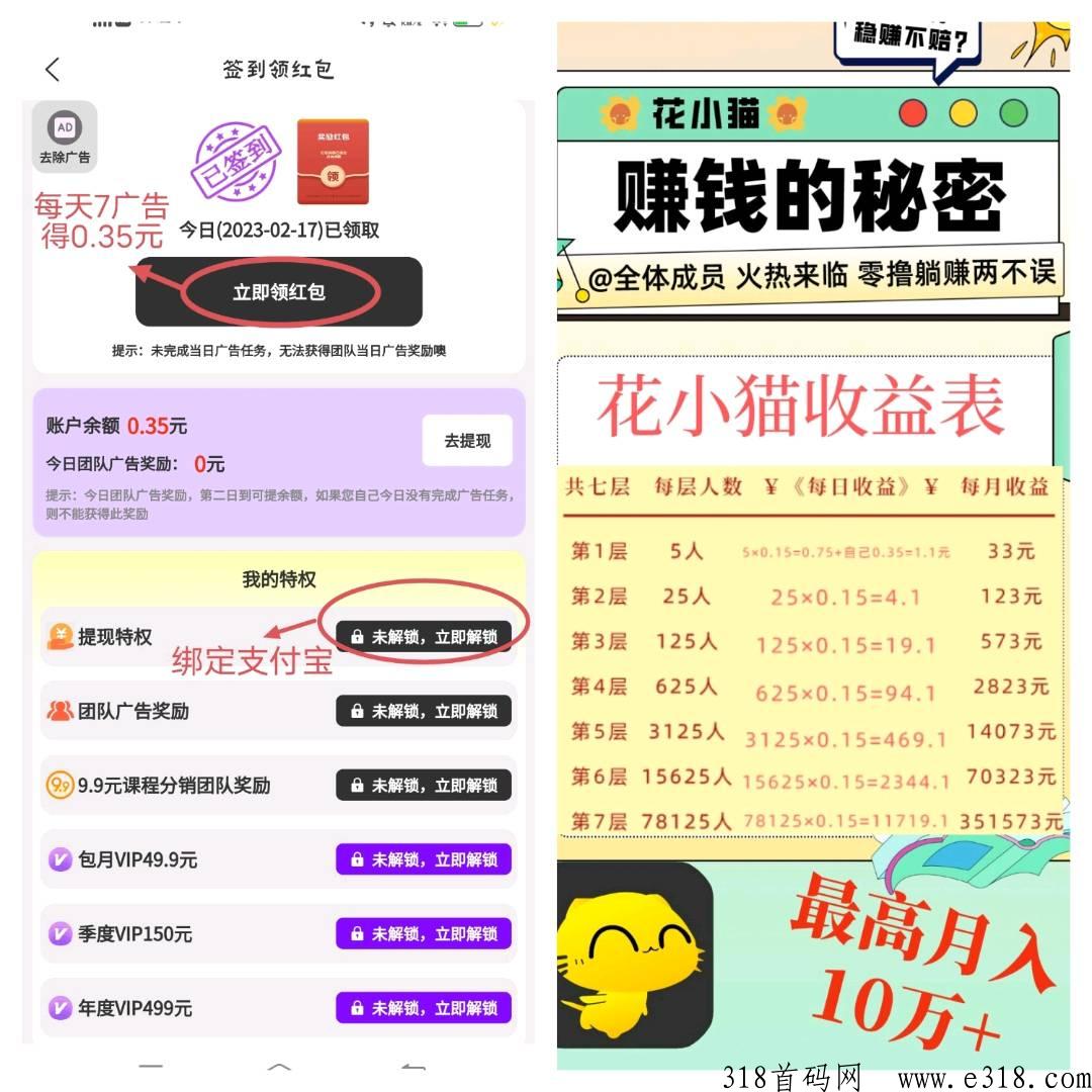 首码花小猫，自动滑落团队，轻松赚米，全程零投资