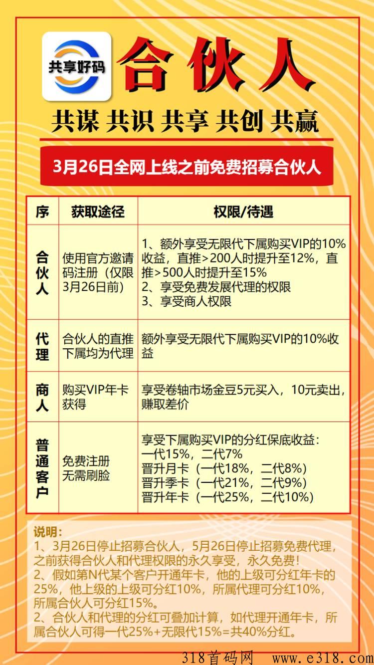 首码共享好码，认准官方码，免费注册成为合伙人！