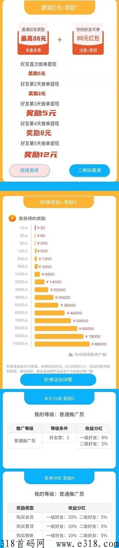 赏客帮，好友首次提现奖5米，连续奖5天，二级分成
