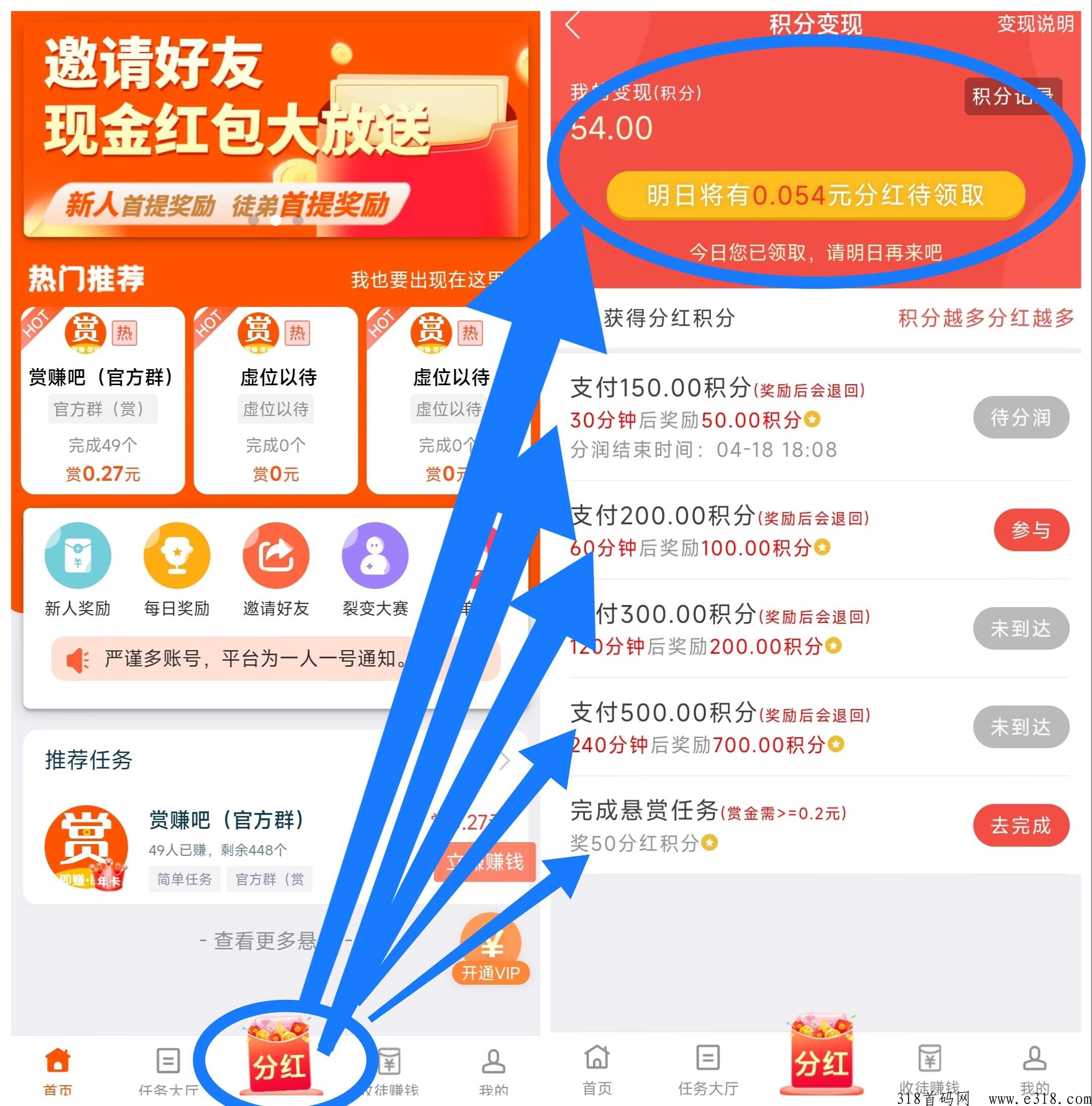 首码赏赚吧，利分宝模式，积分分润每天分h，低价起提