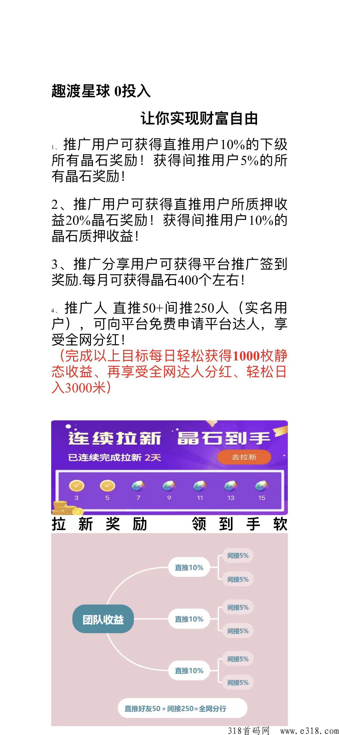 趣渡星球，平台保底水晶，每天1广告，实名可转售提现，邀请吃全网收益