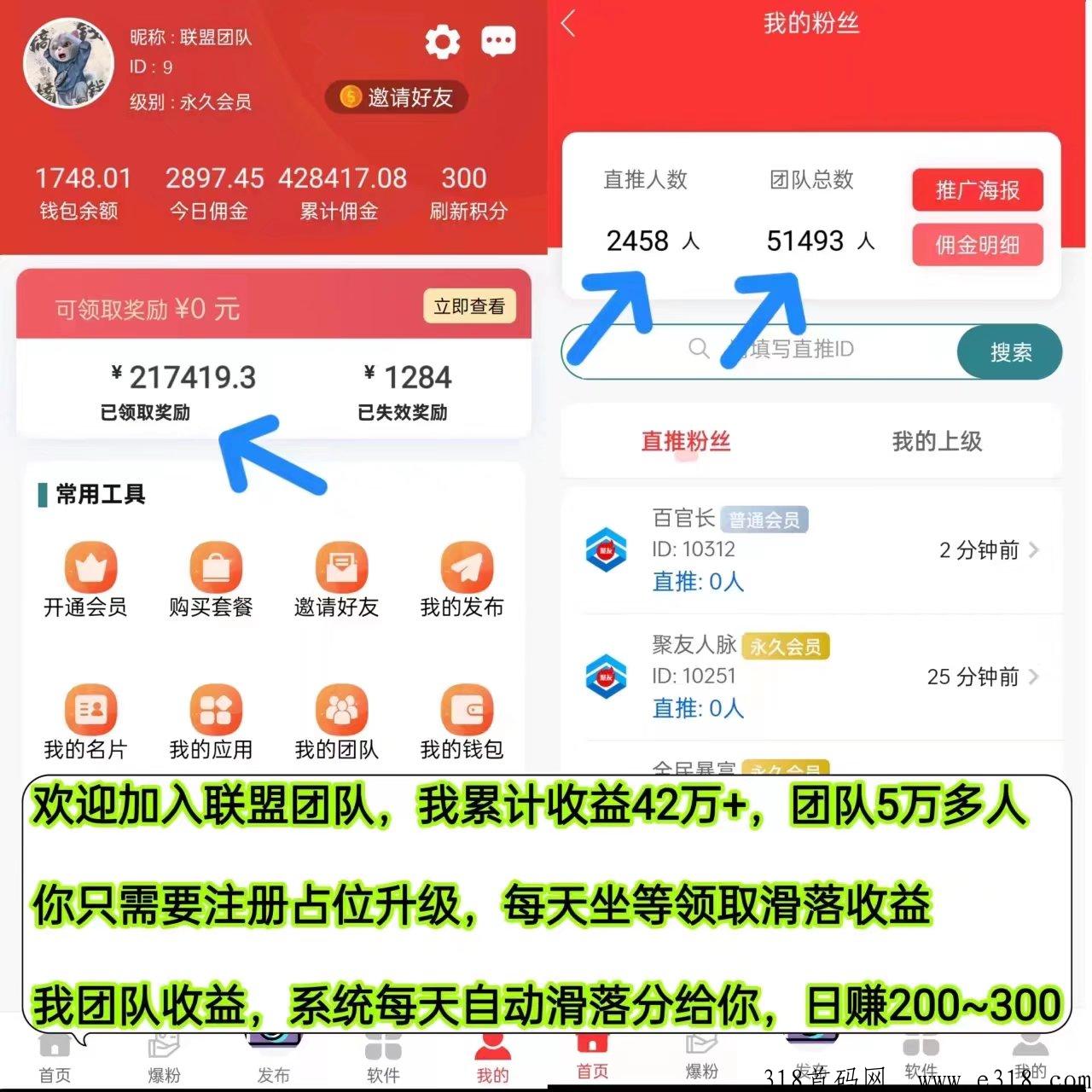 聚友人脉，全网自动公排，滑落现金人脉系统平台
