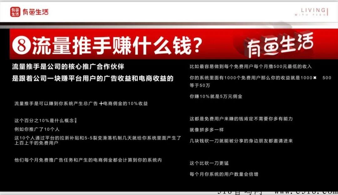 【有鱼生活】，当天提现，推荐5人得59元，团队流量池收益赚更多