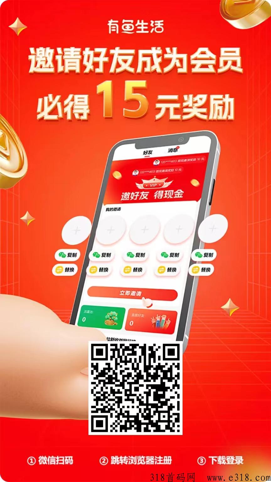 【有鱼生活】注册送奖励，当天提现，推荐5人成为会员，平台送奖励，做大团队流量池收益赚更多