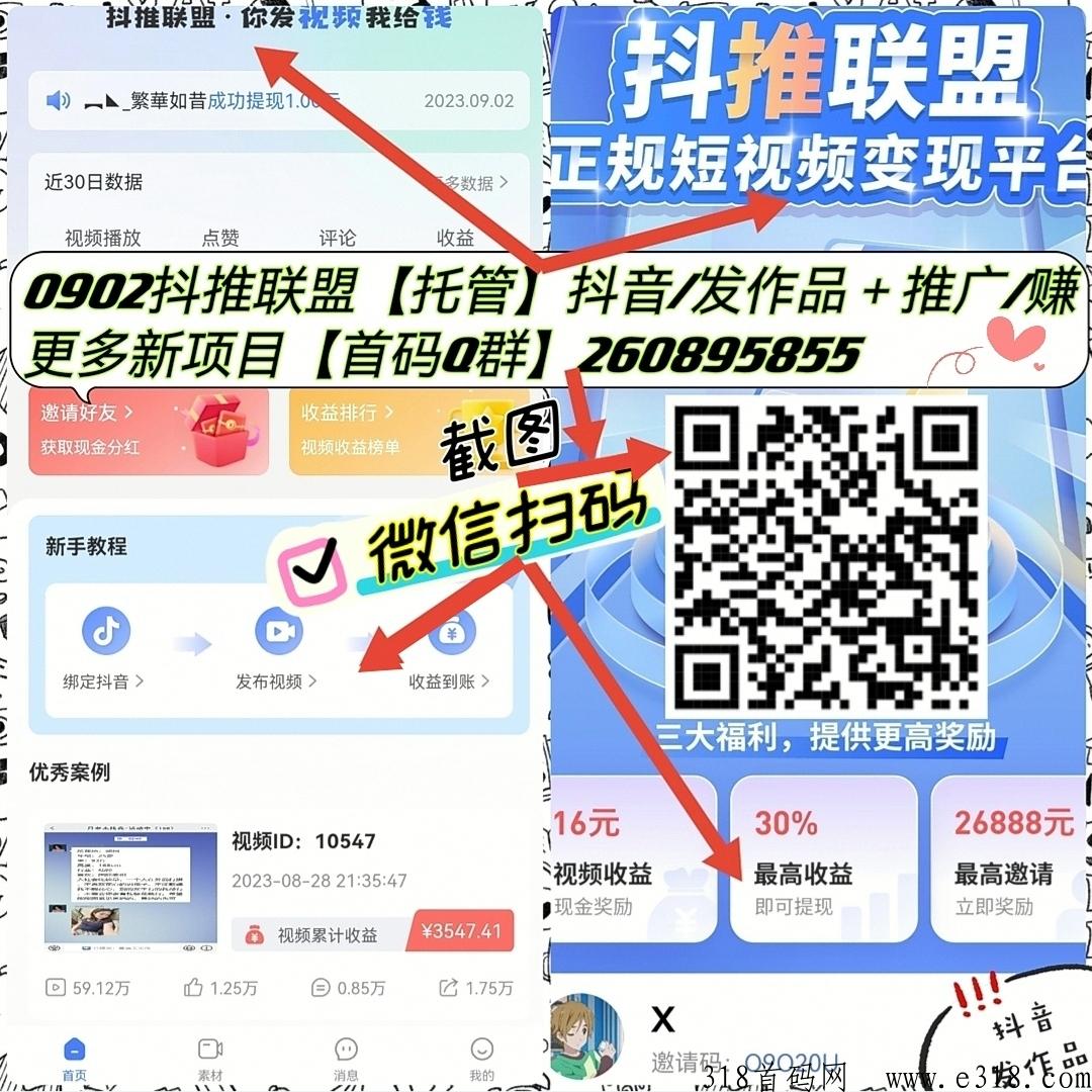 抖推联盟，视频自带收益，每天都能撸