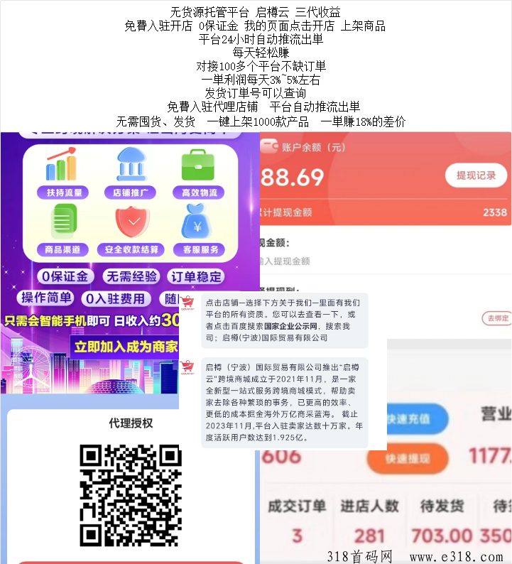 启樽云无货源托管，提米当天到，无货源托管一键出单，多代收益