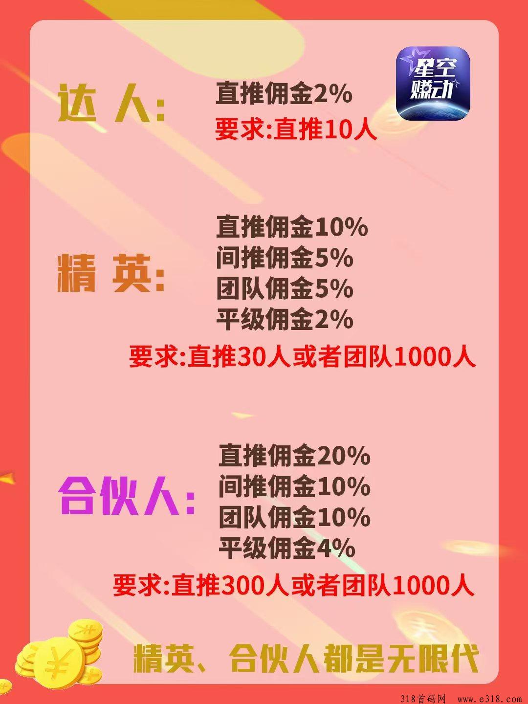 星空赚动首码零撸，多种任务任你选多劳多得，精英及合伙人发发朋友圈领股享分红