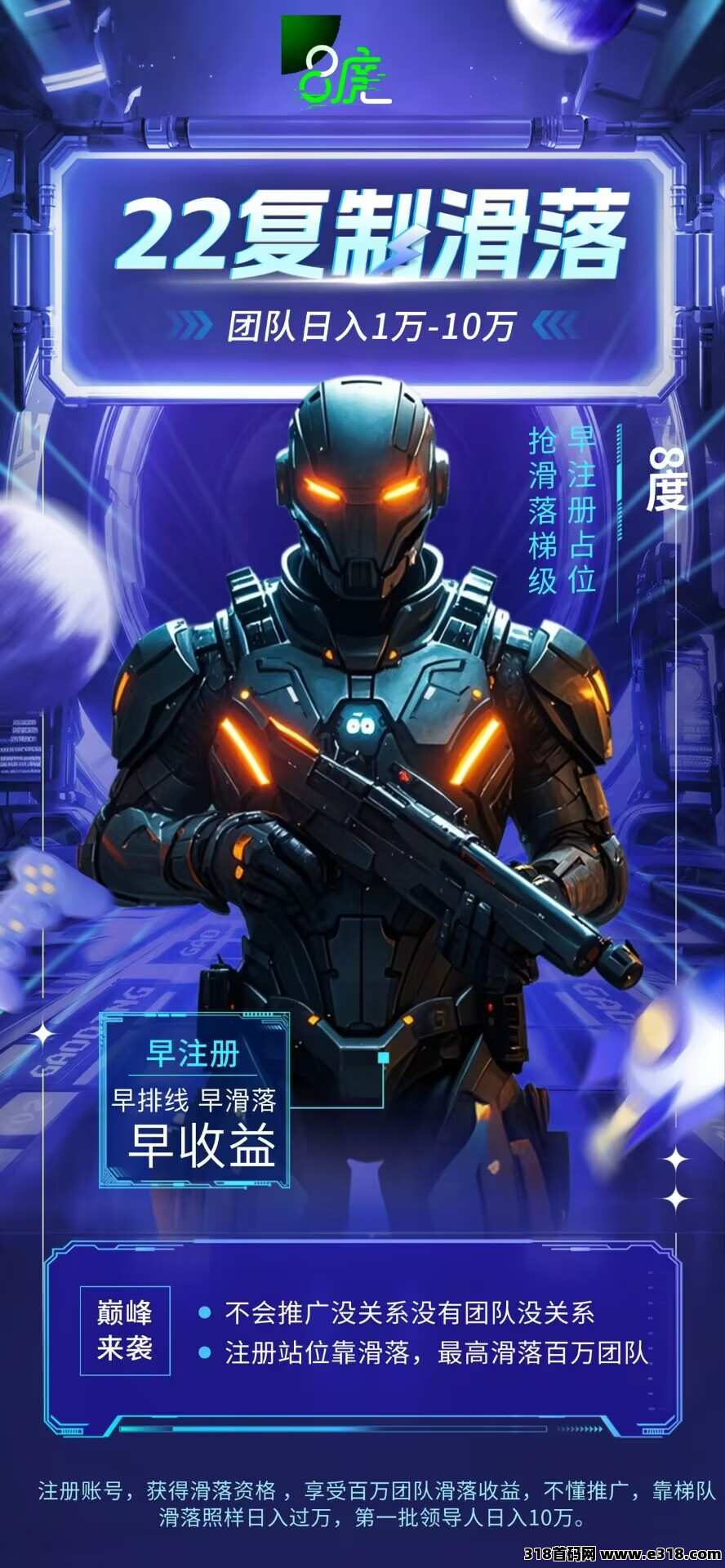 8度，即将上线，超级滑落，无死角，最牛躺赚模式，最高扶持，发展团队长免单