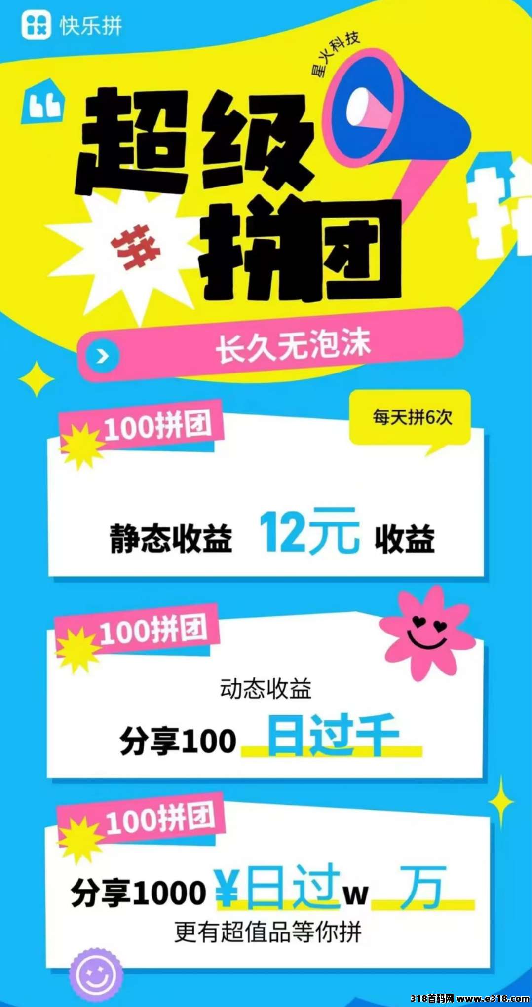 【快乐拼】全新玩法，内排中，拼团送省代，秒提秒到