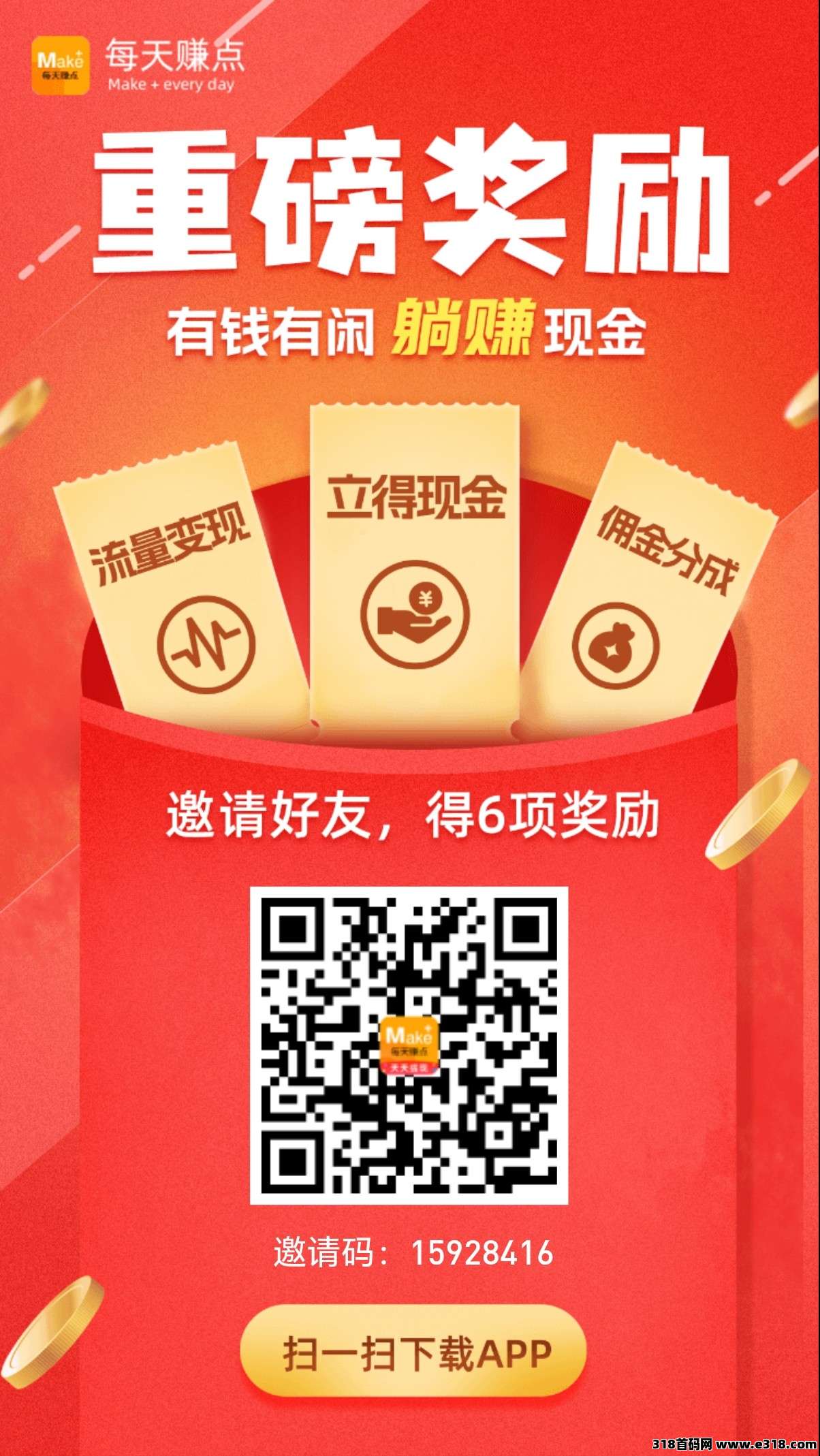 新悬赏平台《每日赚点》每邀请一个好友拆一个大红包