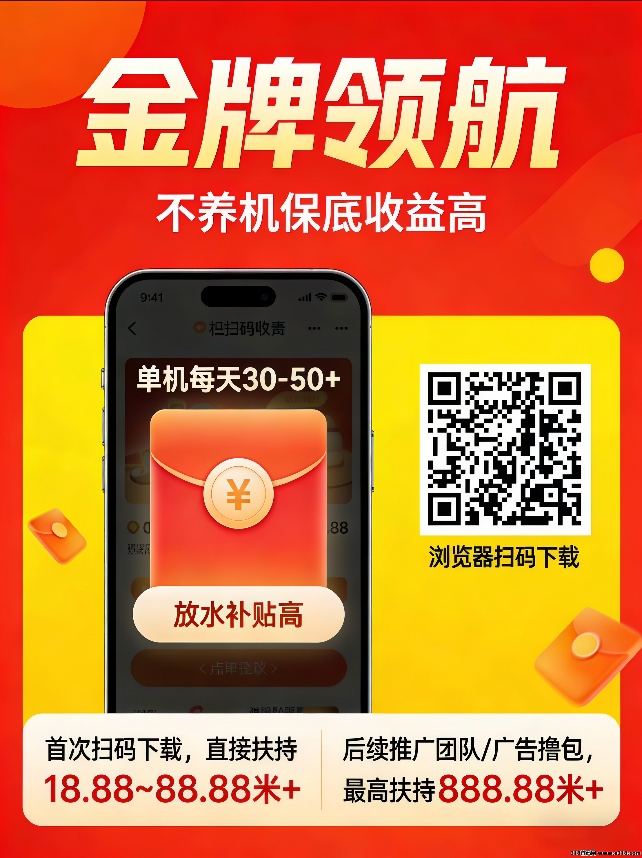 首码金牌领航，首次扫码下载高额扶持，零撸广告赚，不养机保底收益高