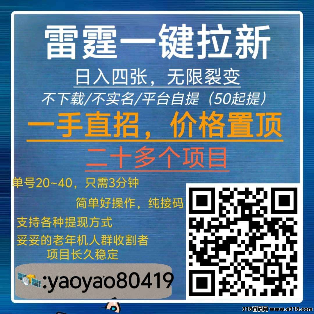 雷霆拉新（一手直招)地推网推年前长久绿色好项目，小白均可
