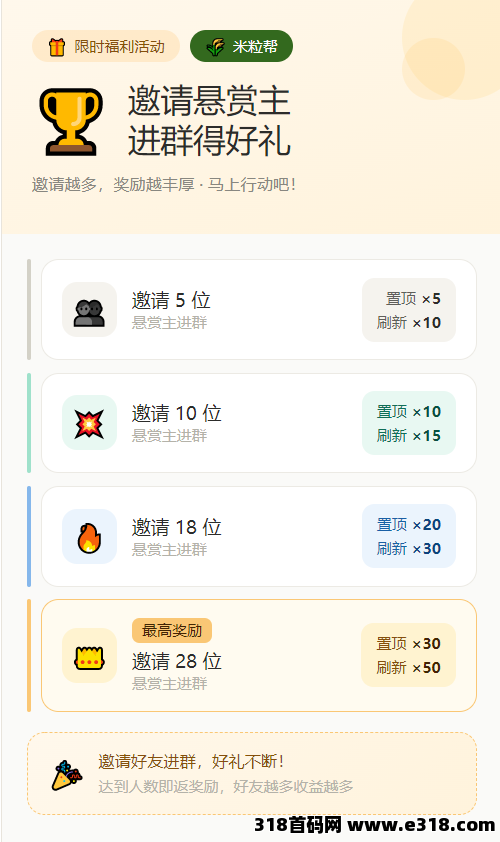 米粒帮首批悬赏主限量开放，免费会员+曝光道具直接赠送，任务发布即可快速匹配执行用户！