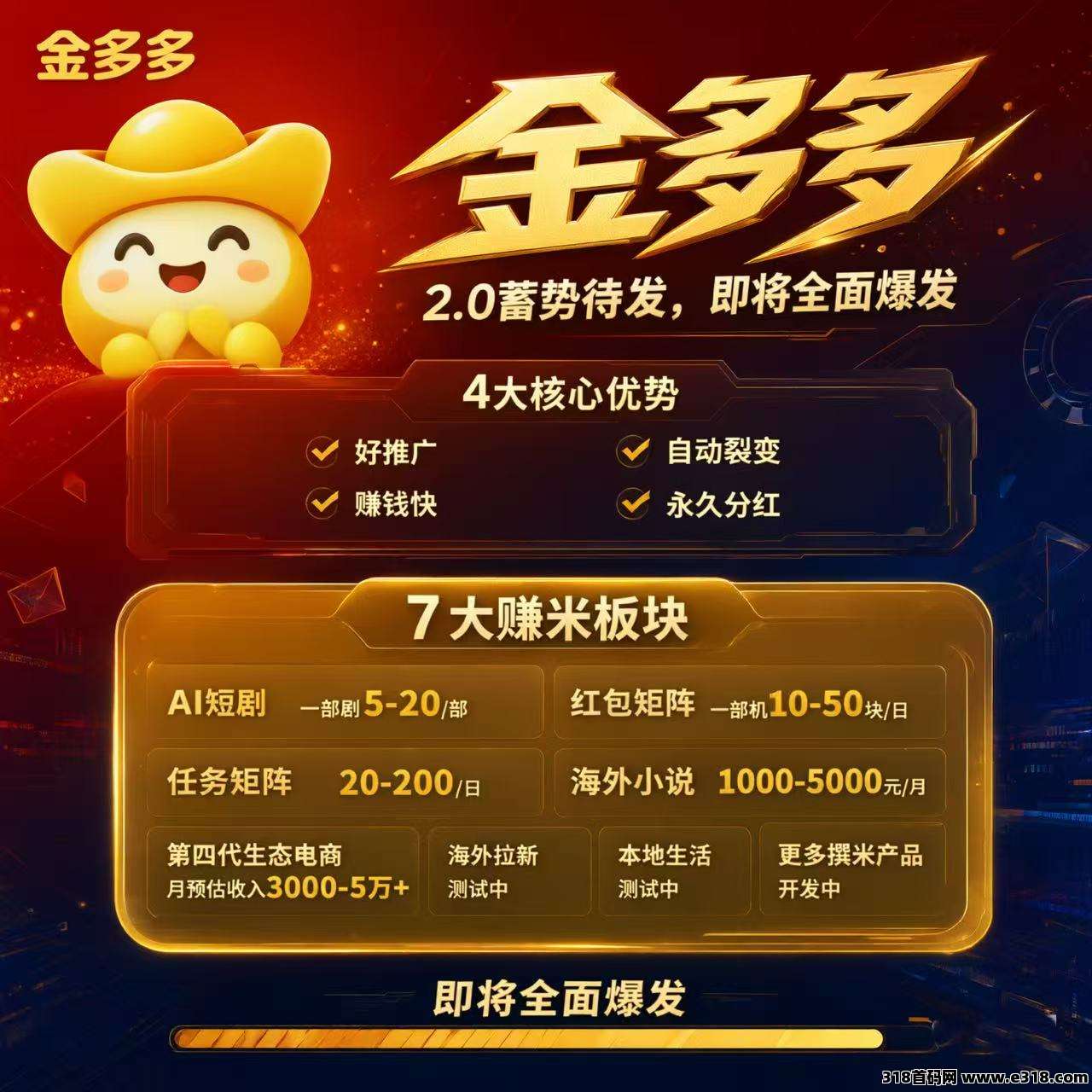 金多多2.0首码，纯0撸，结合幸运红包和高佣联盟+AI短剧+悬赏+新电商
